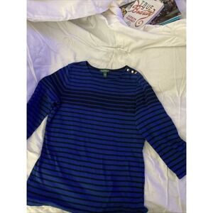 Ralph Lauren Sweater Womens Large Striped Nautical Metallic Button Stretch Knit